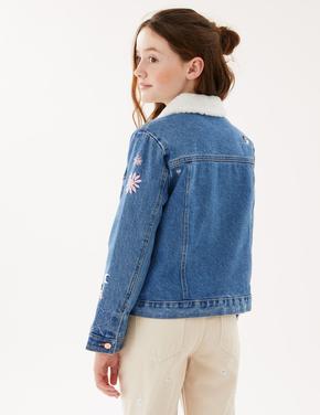 Kız Çocuk Mavi Saf Pamuklu İşleme Detaylı Denim Ceket (6-16 Yaş)