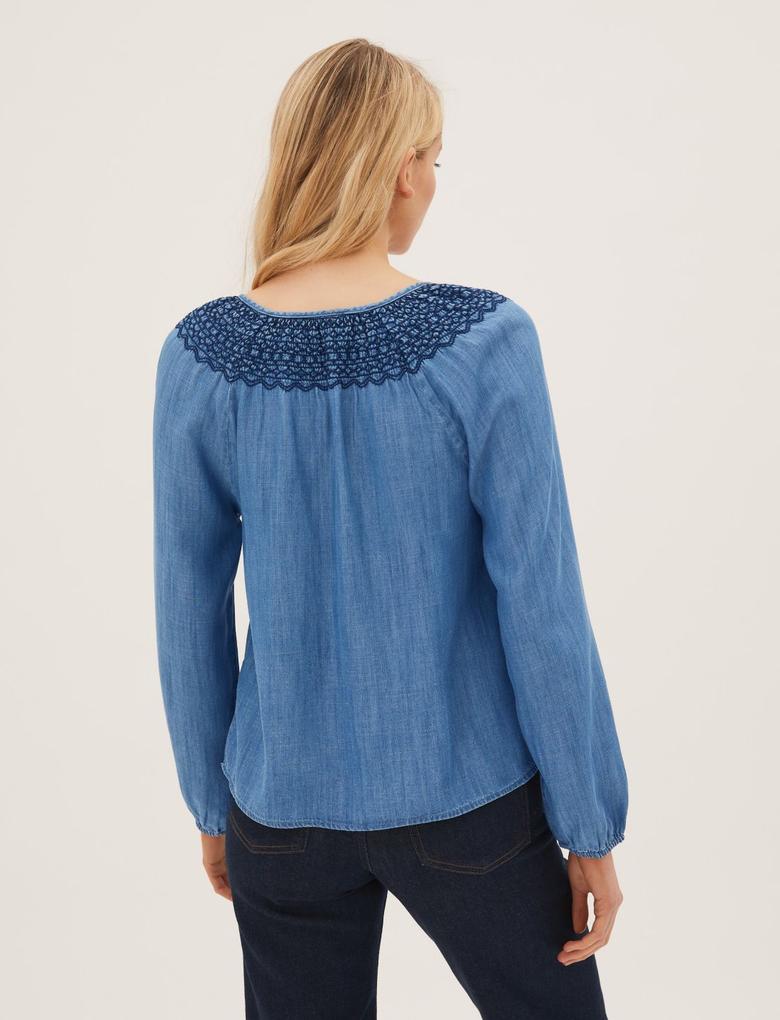 Kadın Mavi Regular Fit İşleme Detaylı Bluz
