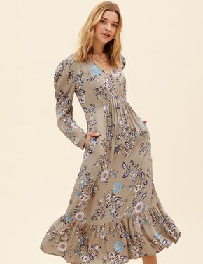 Kadın Bej Çiçek Desenli Midi Elbise