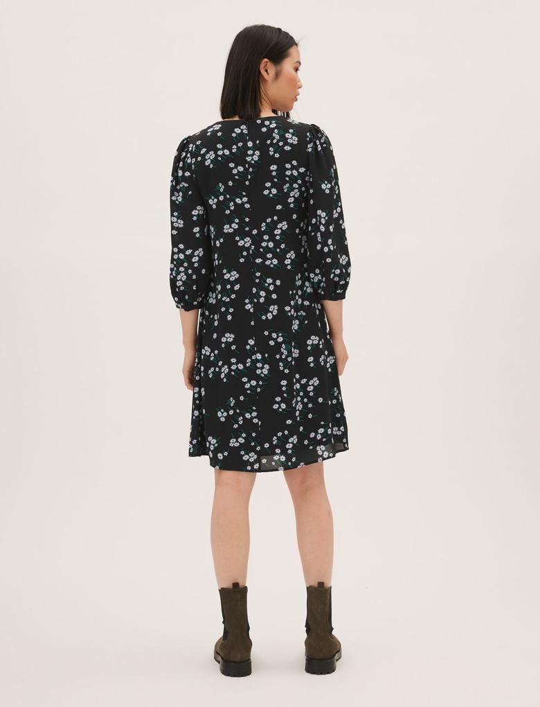 Kadın Siyah Çiçek Desenli Uzun Kollu Mini Elbise