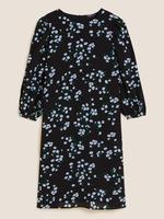 Kadın Siyah Çiçek Desenli Uzun Kollu Mini Elbise