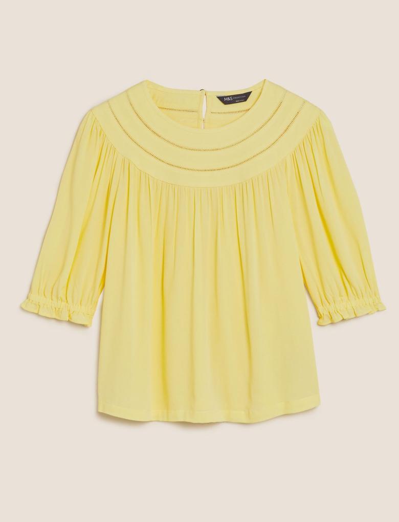 Kadın Sarı Regular Fit Yuvarlak Yaka Bluz