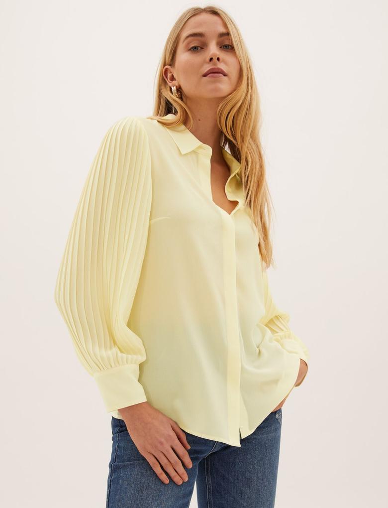 Kadın Sarı Pile Detaylı Uzun Kollu Gömlek