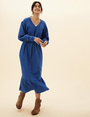 Kadın Lacivert Saf Pamuklu Midi Denim Elbise