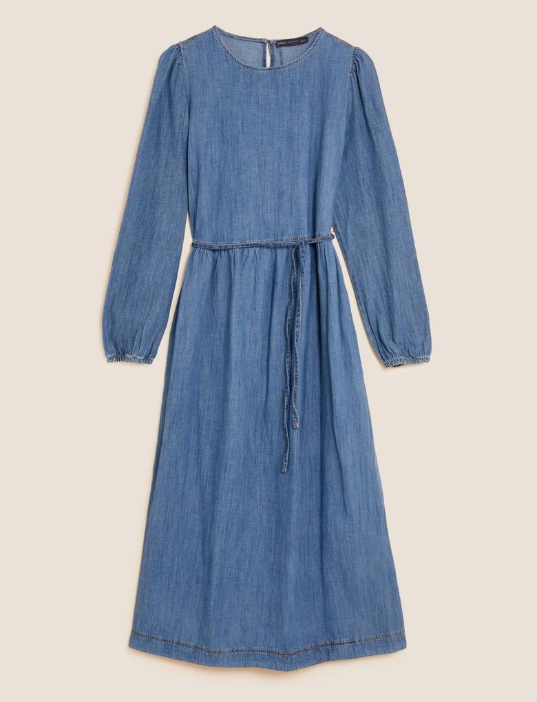 Kadın Mavi Saf Pamuklu Midi Denim Elbise