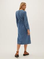 Kadın Mavi Saf Pamuklu Midi Denim Elbise