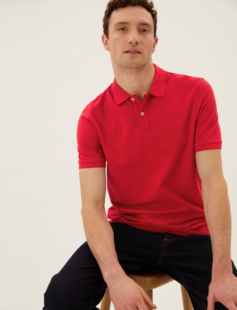 Erkek Kırmızı Saf Pamuklu Polo Yaka T-Shirt