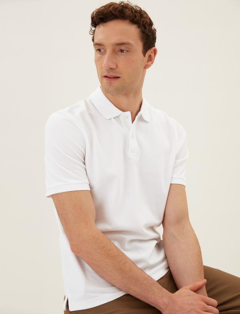 Erkek Beyaz Saf Pamuklu Polo Yaka T-Shirt