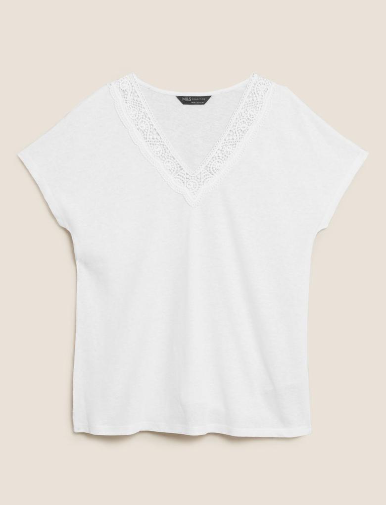 Kadın Beyaz Dantel Detaylı Keten T-Shirt