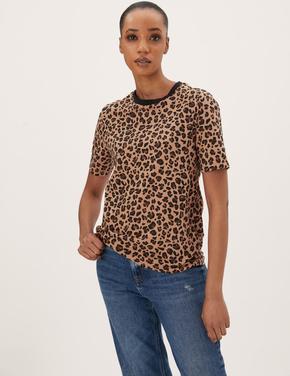 Kadın Kahverengi Saf Pamuklu Leopar Desenli T-Shirt