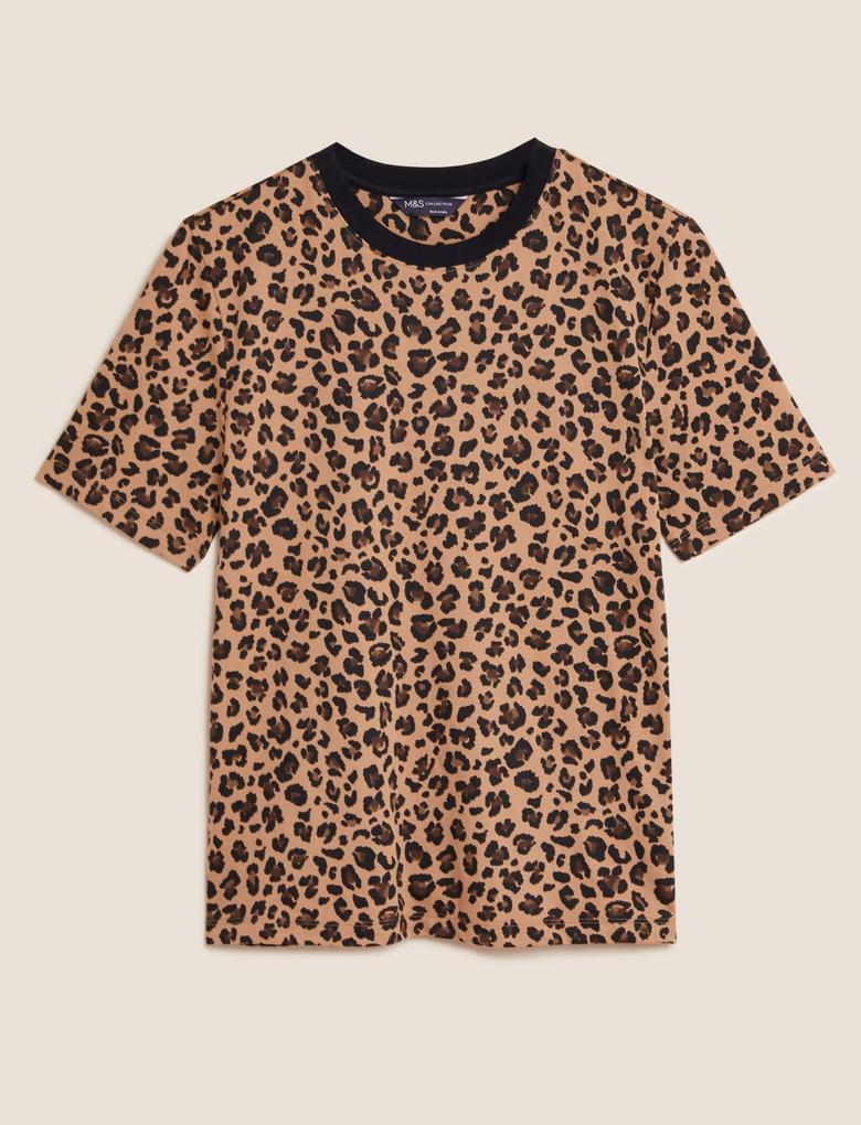 Kadın Kahverengi Saf Pamuklu Leopar Desenli T-Shirt