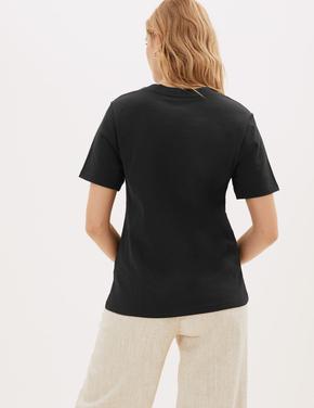 Kadın Siyah Saf Pamuklu Yuvarlak Yaka T-Shirt