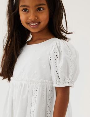 Kız Çocuk Beyaz Saf Pamuklu Kısa Kollu Elbise (2-7 Yaş)