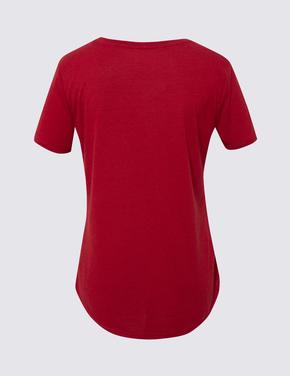 Kadın Kırmızı Relaxed Fit V Yaka T-Shirt