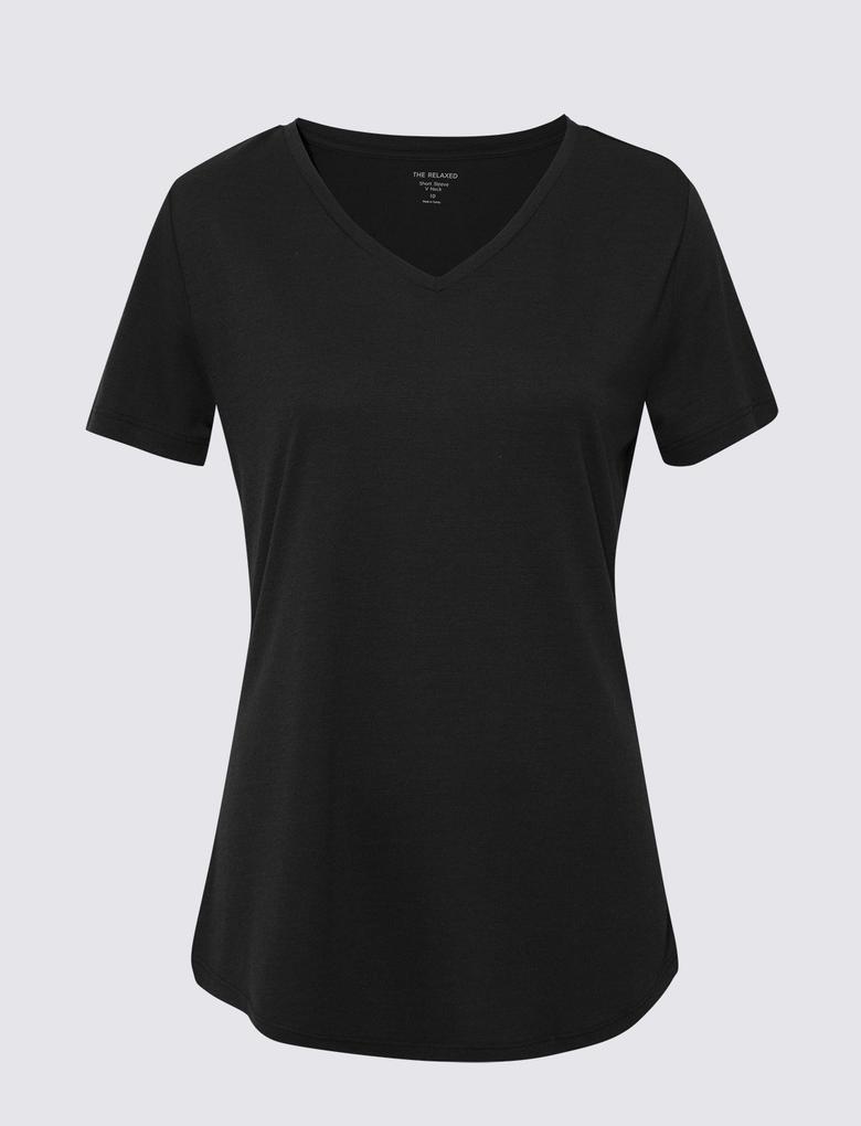 Kadın Siyah Relaxed Fit V Yaka T-Shirt