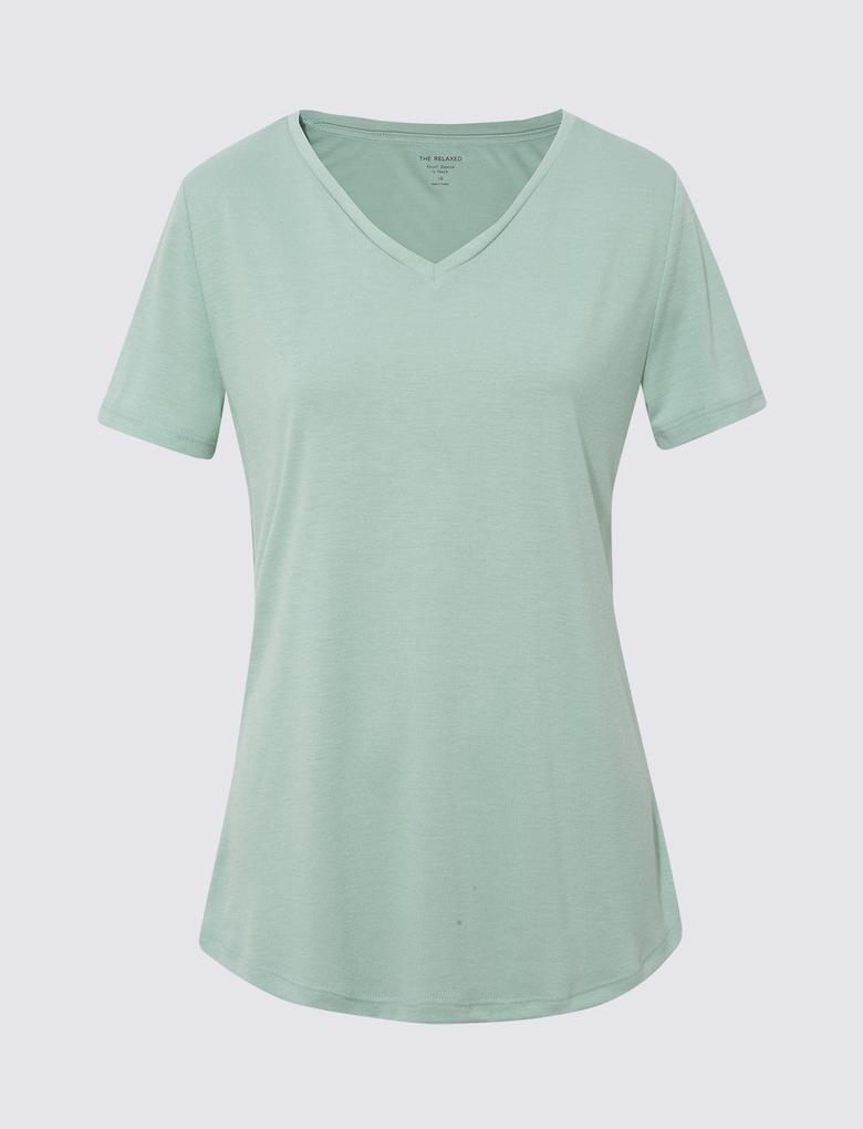 Kadın Yeşil Relaxed Fit V Yaka T-Shirt