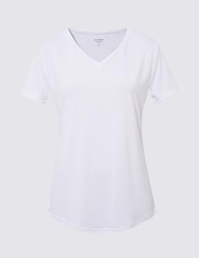 Kadın Beyaz Relaxed Fit V Yaka T-Shirt