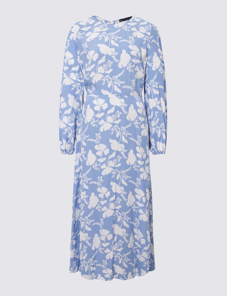 Kadın Mavi Çiçek Desenli Uzun Kollu Midi Elbise