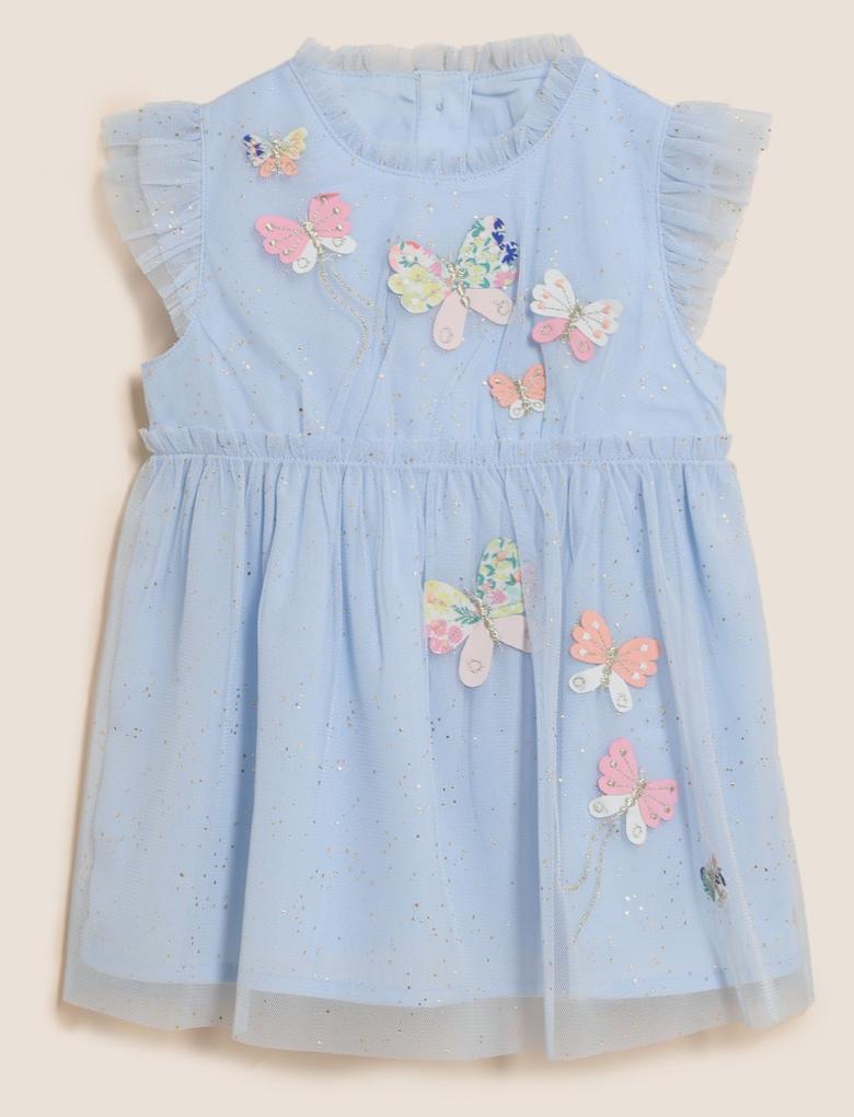 Bebek Mavi İşleme Detaylı Kolsuz Elbise (0-3 Yaş)