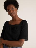 Kadın Siyah Saf Pamuklu İşleme Detaylı Bluz