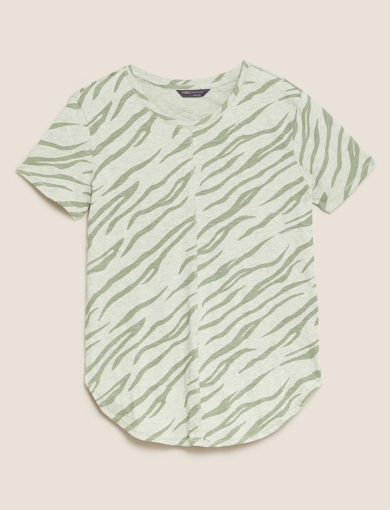 Kadın Yeşil Saf Pamuklu Yuvarlak Yaka T-Shirt