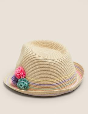  Multi Renk Ponpon Detaylı Hasır Şapka (0-13 Yaş)