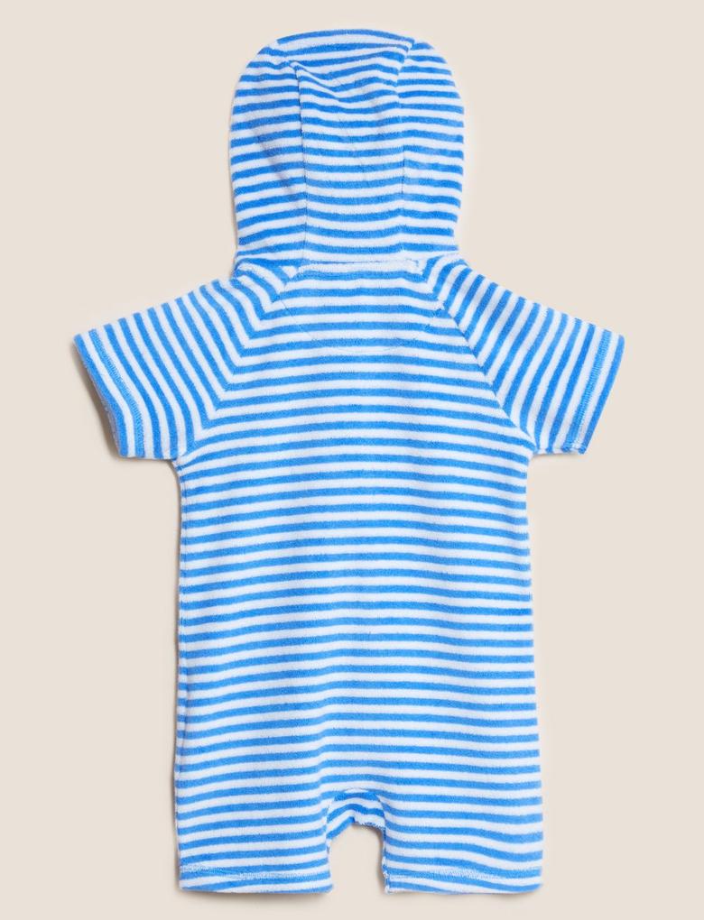 Bebek Mavi Çizgi Desenli Kapüşonlu Tulum (0-3 Yaş)