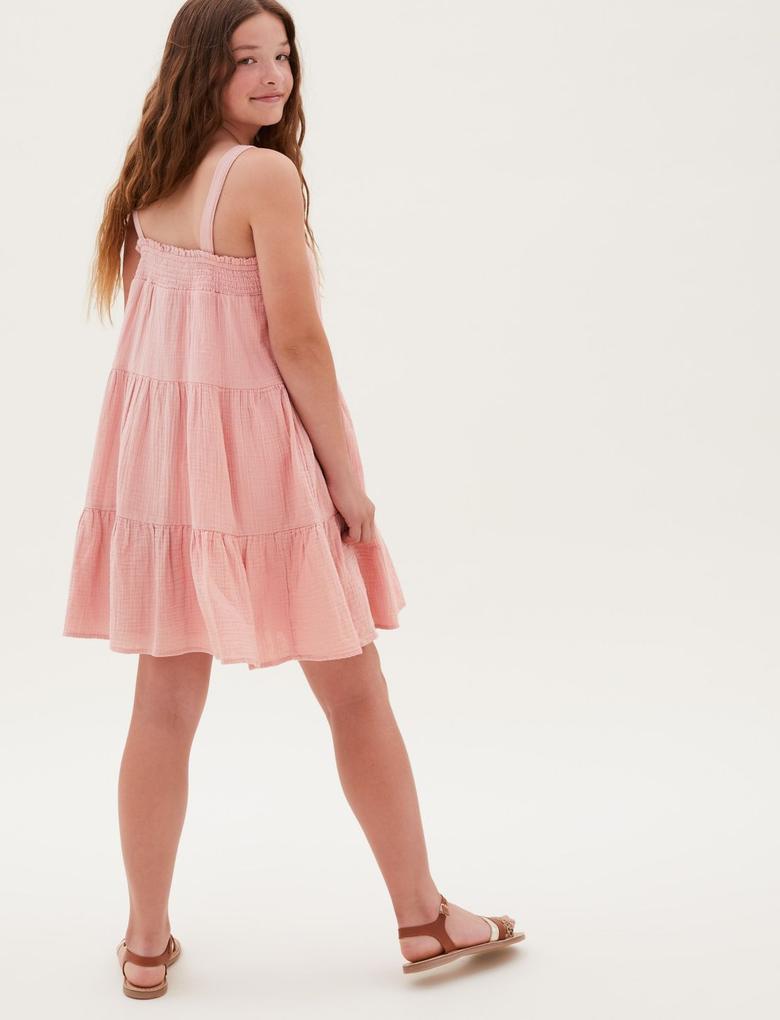 Kız Çocuk Pembe Saf Pamuklu Askılı Elbise (6-16 Yaş)