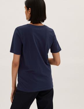 Kadın Lacivert Saf Pamuklu Yuvarlak Yaka T-Shirt