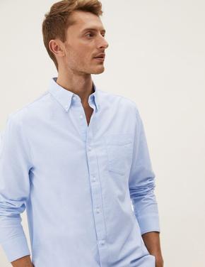 Erkek Mavi Saf Pamuklu Uzun Kollu Oxford Gömlek