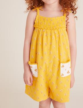 Kız Çocuk Sarı Saf Pamuklu Çiçek Desenli Askılı Tulum (2-7 Yaş)