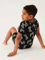Çocuk Siyah Oyun Desenli Kısa Kollu Pijama Takımı (7-16 Yaş)