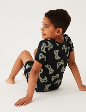 Çocuk Siyah Oyun Desenli Kısa Kollu Pijama Takımı (7-16 Yaş)