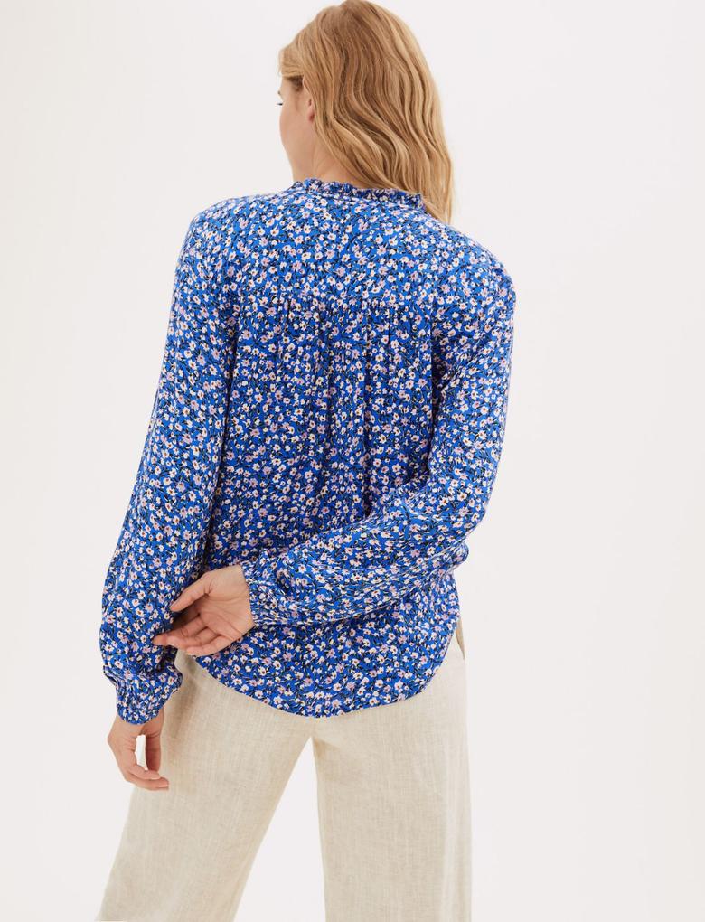 Kadın Mavi Çiçek Desenli Uzun Kollu Bluz