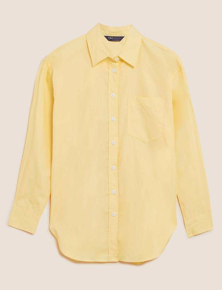 Kadın Sarı Saf Pamuklu Uzun Kollu Oversize Gömlek