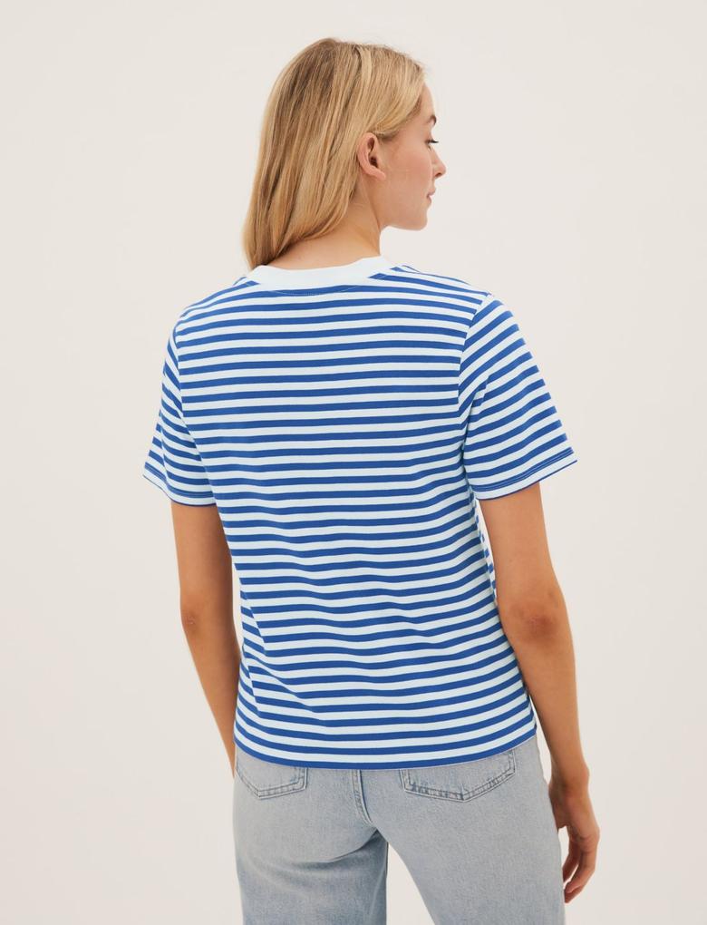 Kadın Mavi Saf Pamuklu Çizgili T-Shirt