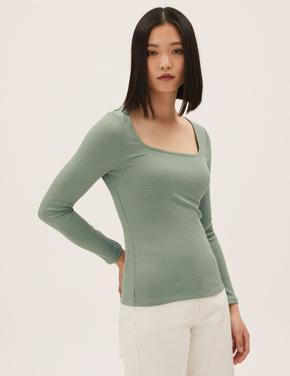 Kadın Yeşil Kare Yaka Uzun Kollu T-Shirt
