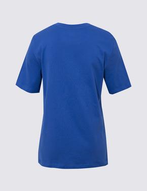 Kadın Mavi Saf Pamuklu Kısa Kollu T-Shirt