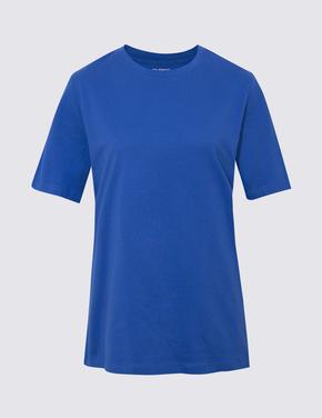 Kadın Mavi Saf Pamuklu Kısa Kollu T-Shirt