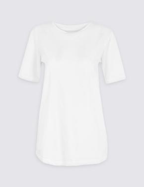 Kadın Beyaz Saf Pamuklu Yuvarlak Yaka T-Shirt