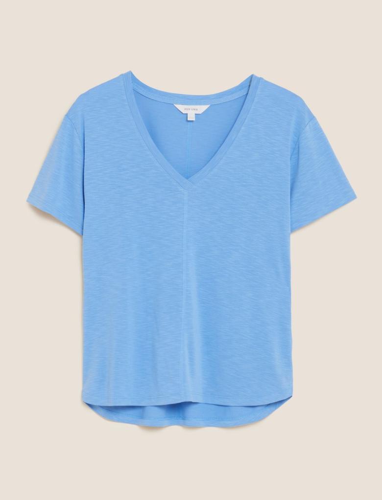 Kadın Mavi Relaxed Fit V Yaka T-Shirt