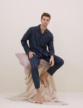 Erkek Multi Renk Saf Pamuklu Uzun Kollu Pijama Takımı