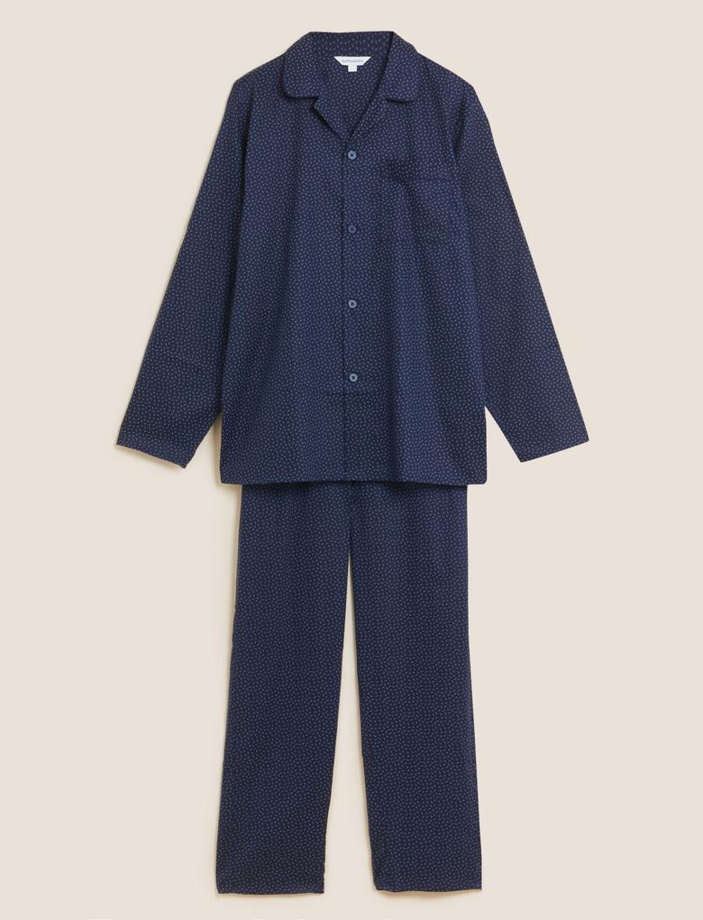 Erkek Lacivert Saf Pamuklu Uzun Kollu Pijama Takımı