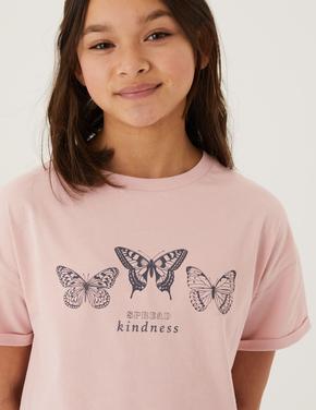 Kız Çocuk Pembe Saf Pamuklu Kısa Kollu T-Shirt (6-16 Yaş)