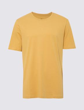 Erkek Sarı Saf Pamuklu Yuvarlak Yaka T-Shirt
