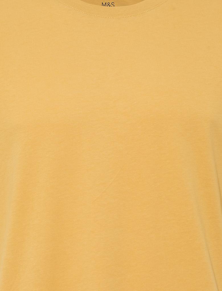 Erkek Sarı Saf Pamuklu Yuvarlak Yaka T-Shirt