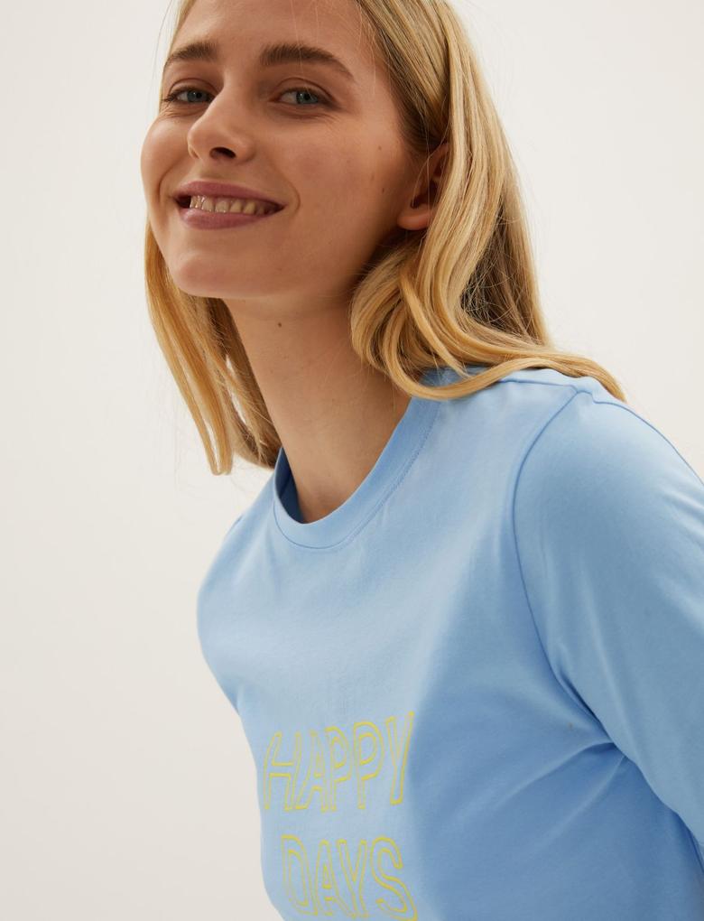 Kadın Mavi Saf Pamuklu Slogan Detaylı T-Shirt
