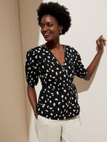 Kadın Siyah Desenli V Yaka Keten Bluz