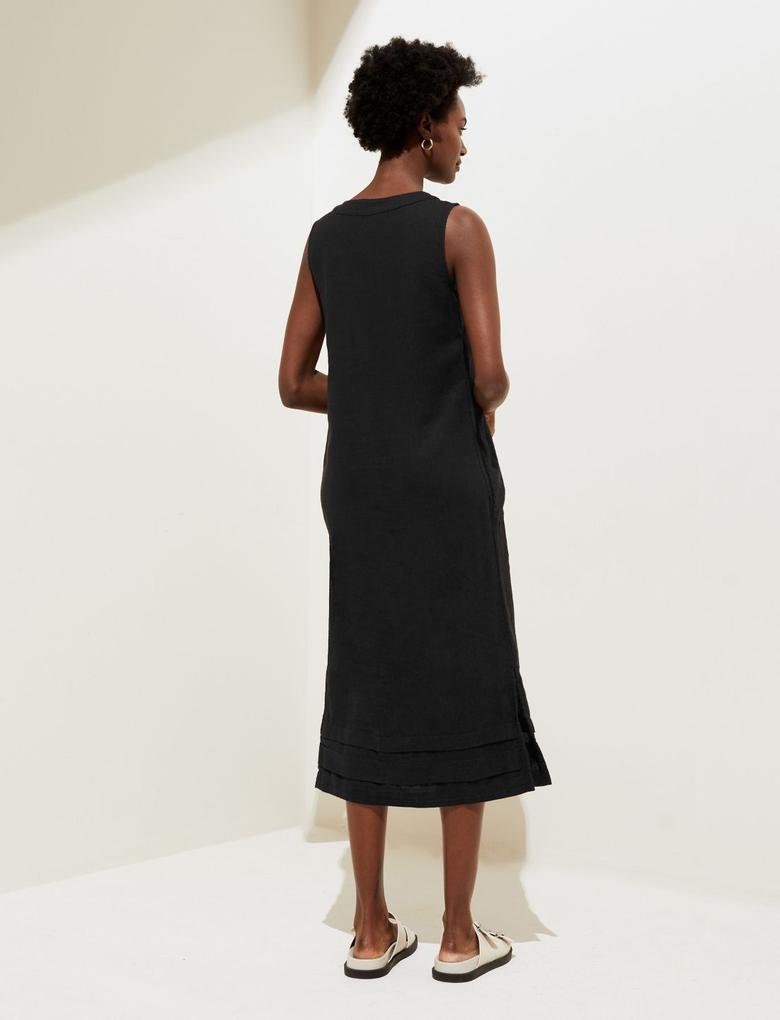 Kadın Siyah Düğme Detaylı Midi Keten Elbise