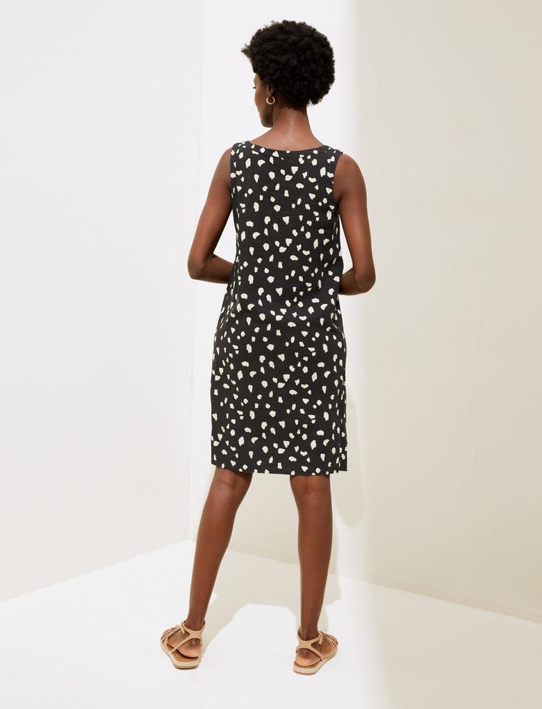Kadın Siyah Desenli Mini Keten Elbise